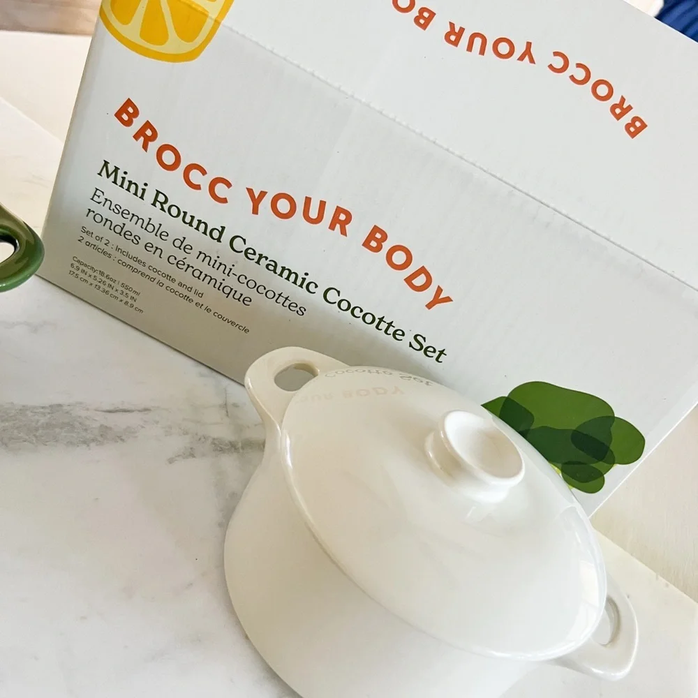 NWT Brocc Your Body Mini Ceramic Cocotte Set Green Ivory 18.6oz Dutch Oven Bowls